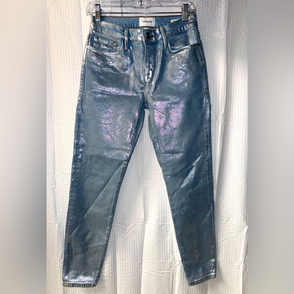 Frame Denim Metallic Steel Blue Skinny Jeans with Purple Sheen